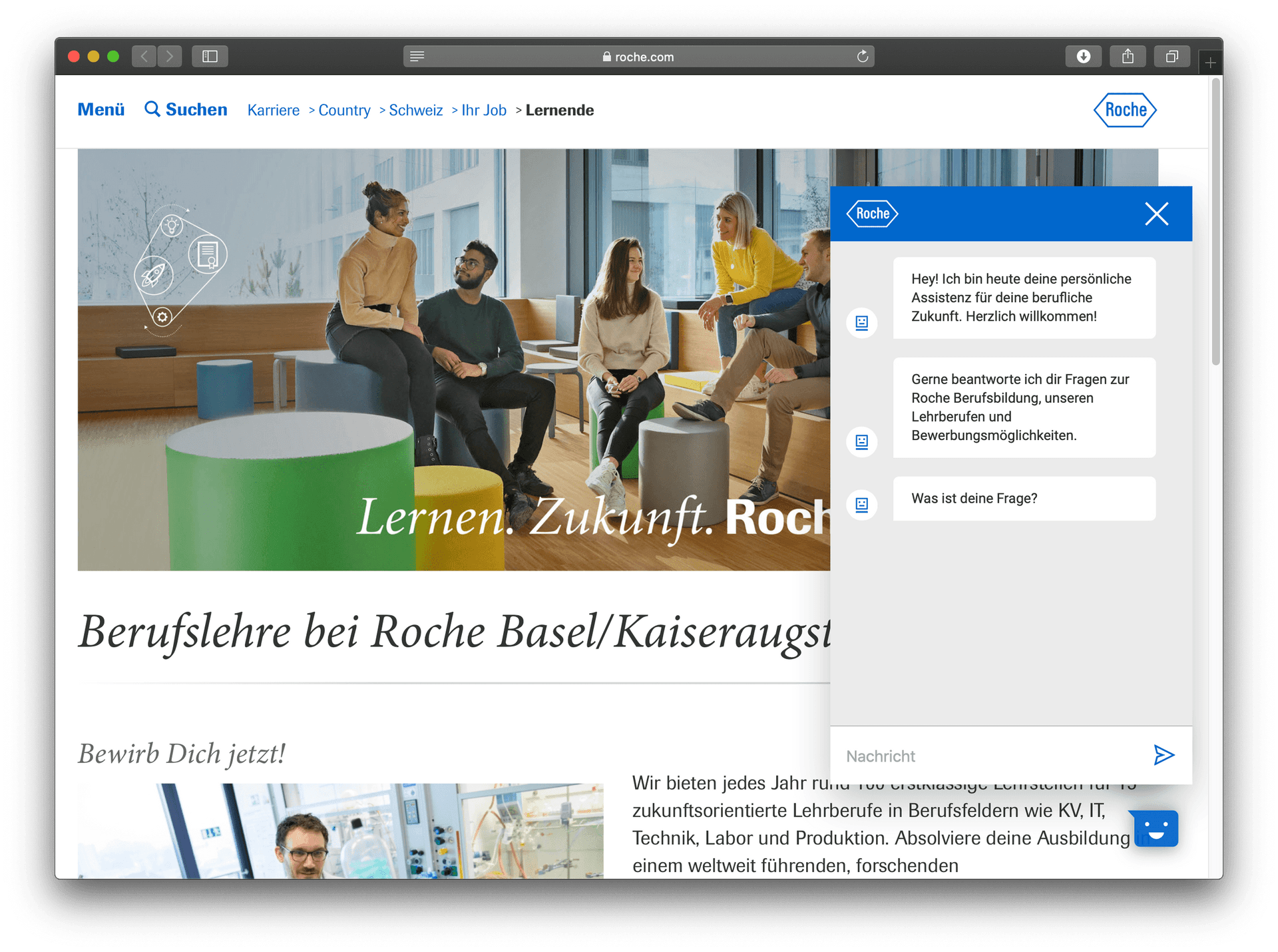 Hier sieht man den Chatbot von Roche, entwickelt von der Apptiva.