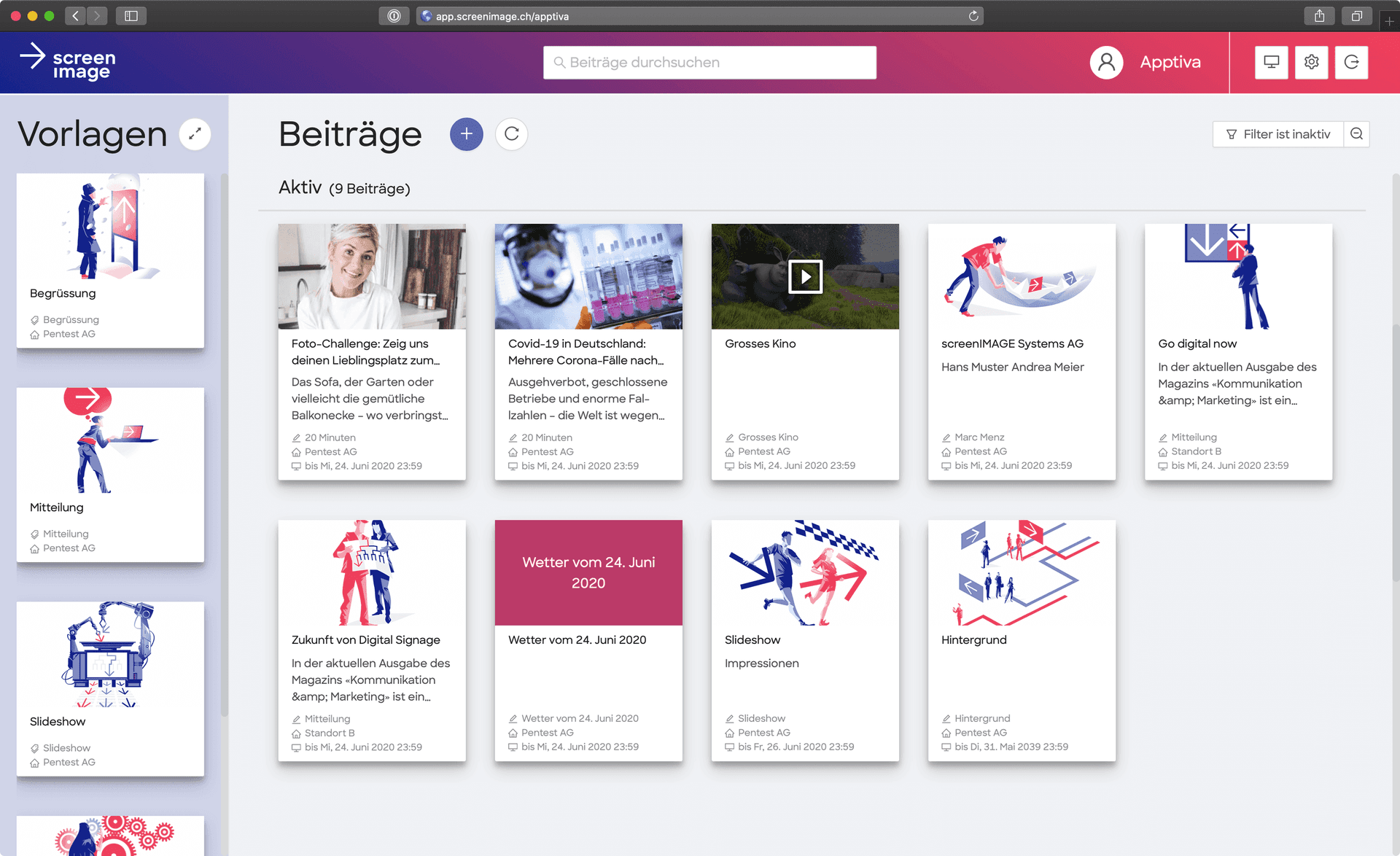 Hier sieht man die Digital Signage Lösung von Screenimage, entwickelt von Apptiva.