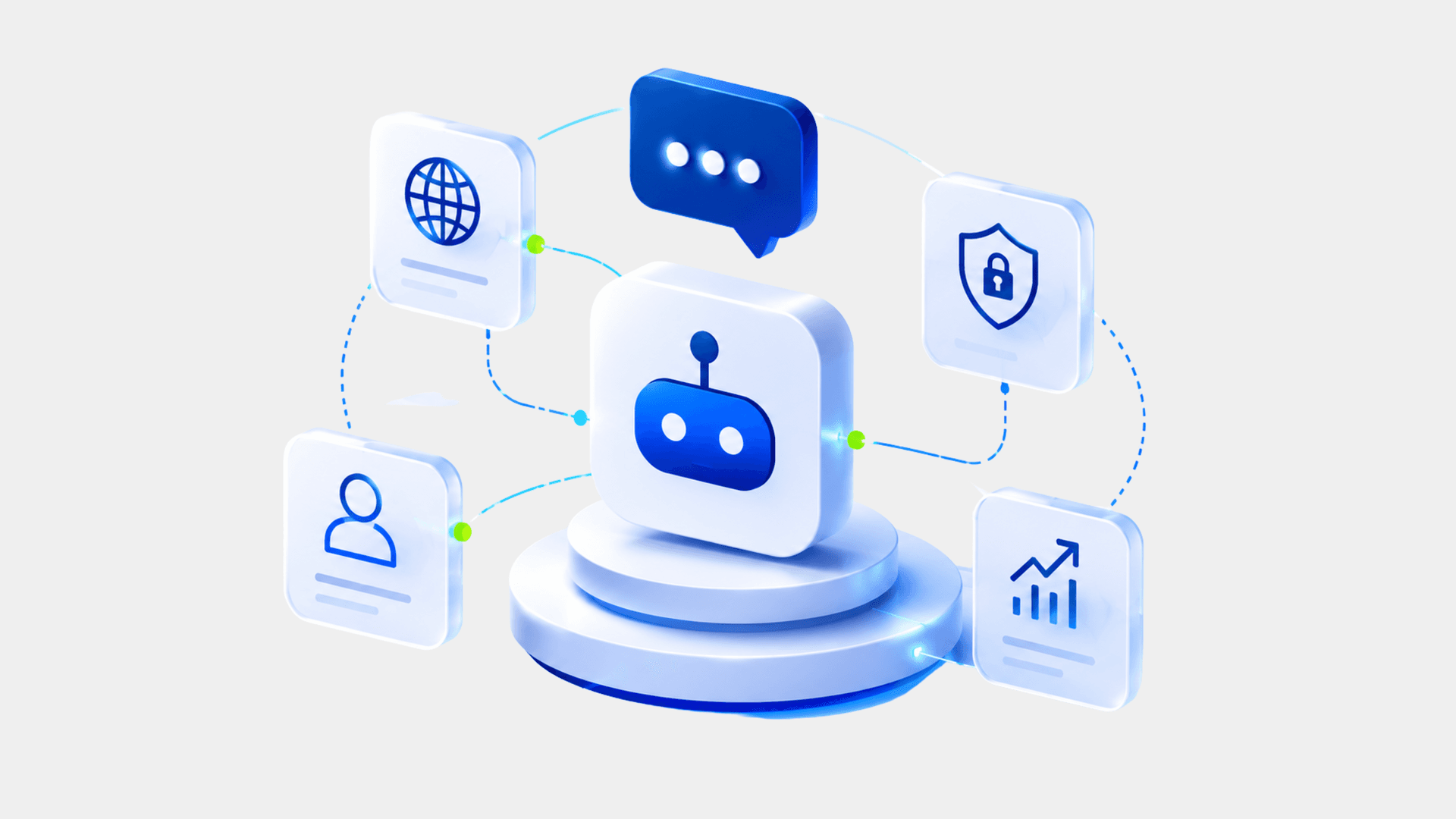 Moderne 3D-Illustration eines KI-Chatbots mit vernetzten Systemen und digitalen Schnittstellen. Das Bild symbolisiert den Vergleich verschiedener Chatbot-Anbieter sowie die Integration von KI-Chatbots in bestehende Unternehmensprozesse. Es steht für individuelle, skalierbare Chatbot-Lösungen mit Fokus auf Datenschutz, Automatisierung und nahtlose Systemintegration.