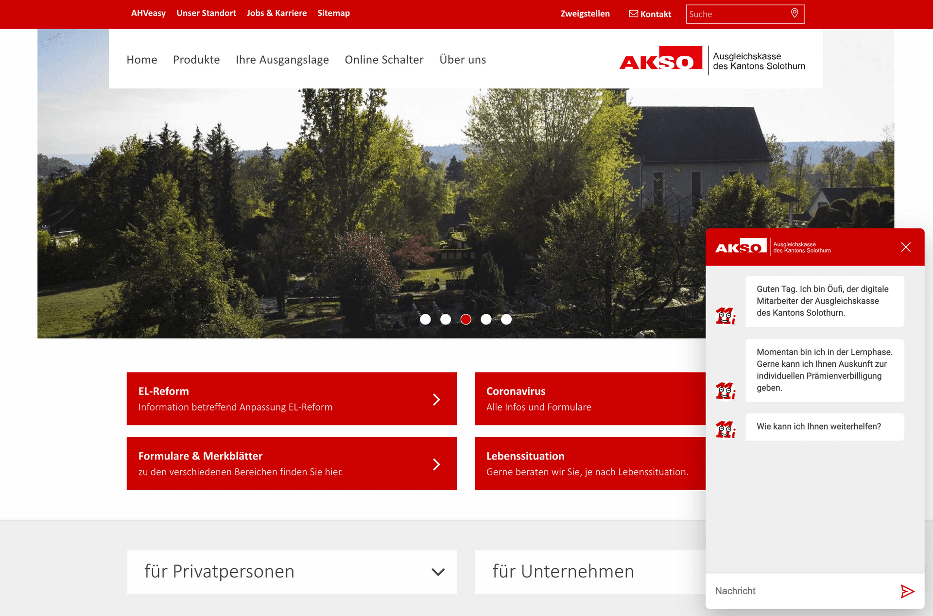 Hier sieht man den Chatbot der Ausgleichskasse Solothurn, entwickelt von der Apptiva AG.