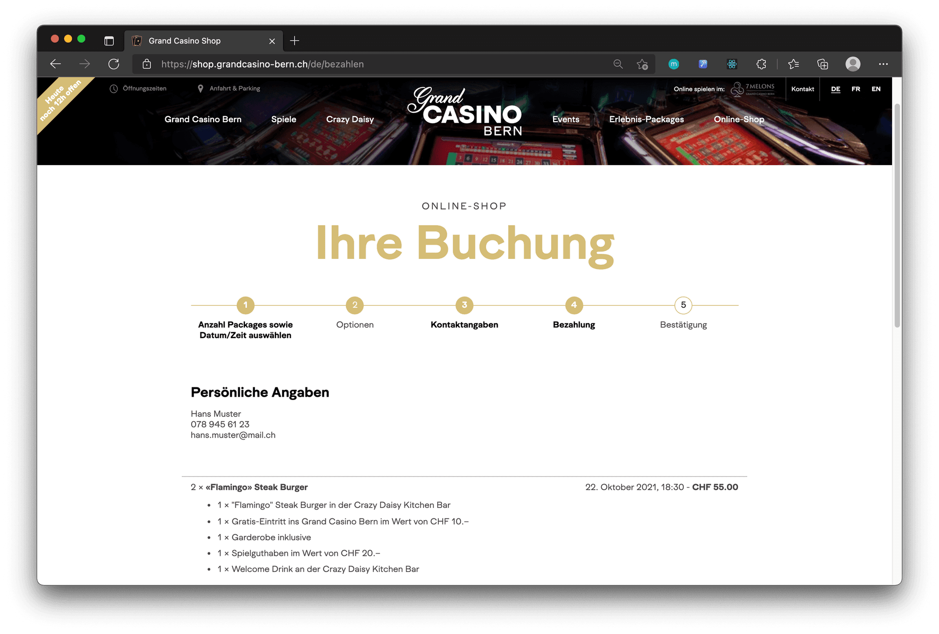Hier sieht man den Produktkonfigurator vom Grand Casino Bern.