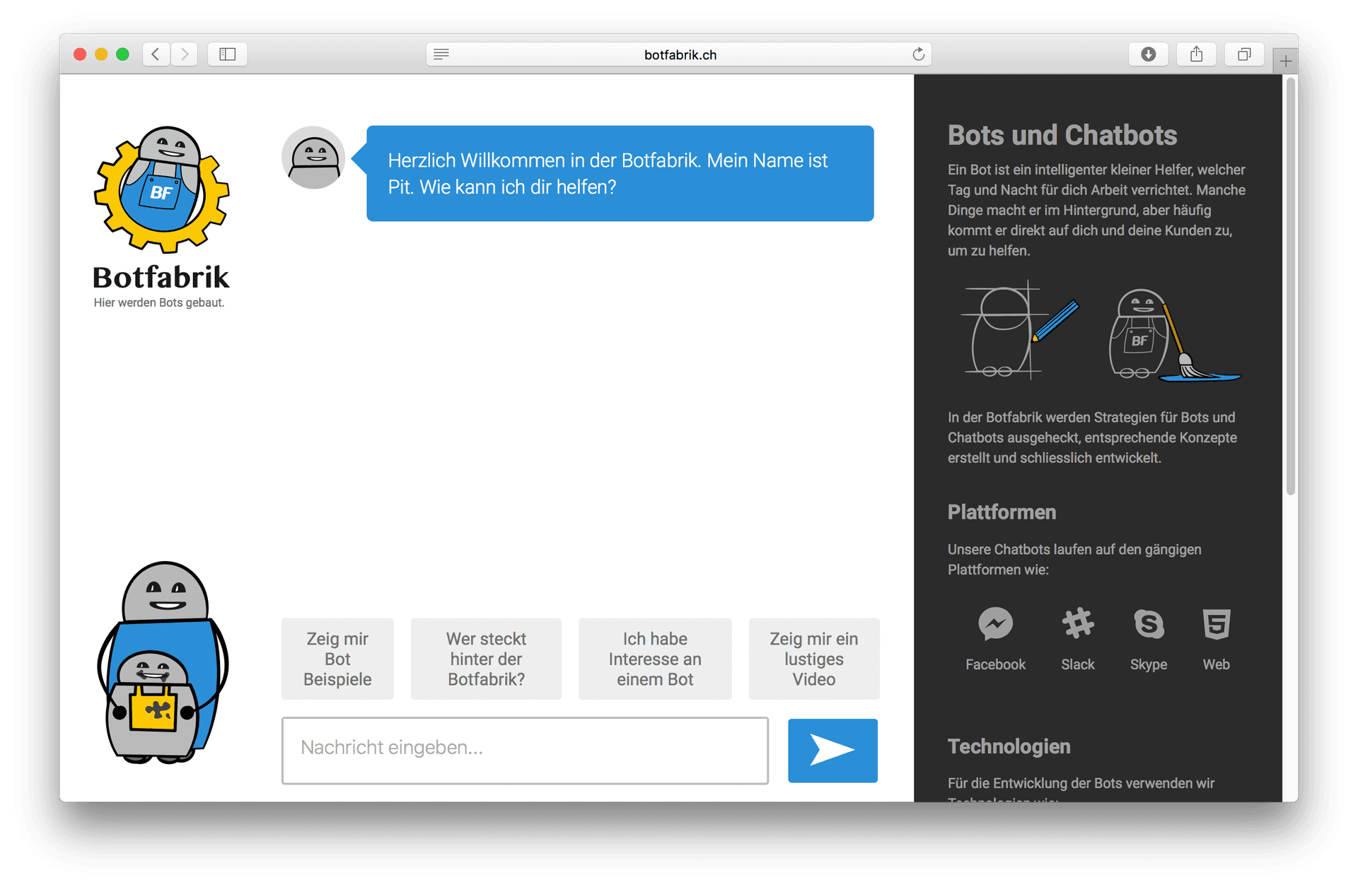 Erste Version von unserer Webseite aus dem 2016 um Chatbot-Entwicklung und Chatbots anzubieten. Damals war der Chatbot noch im Zentrum der Webseite.